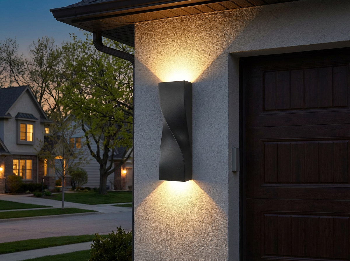 PLUSLED Large Black S-Shape Outdoor Wall Sconce mounted on garage wall with up-down LED glow at evening