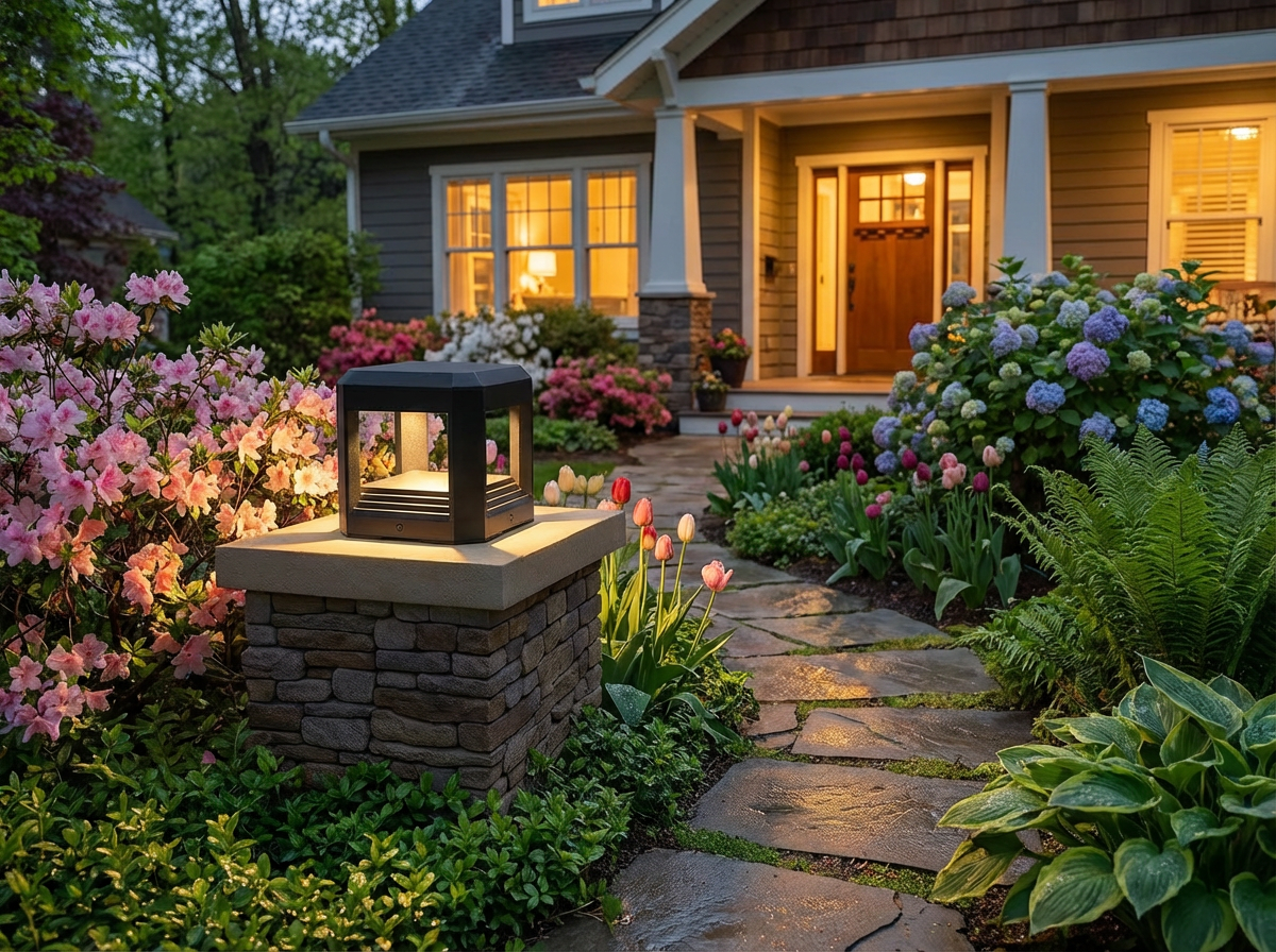 PLUSLED LED pillar post light illuminating a garden path with spring blooms