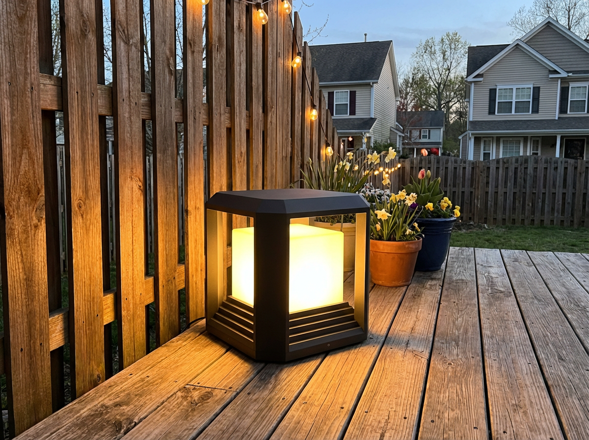 PLUSLED outdoor LED lighting beside wooden fence patio deck spring evening
