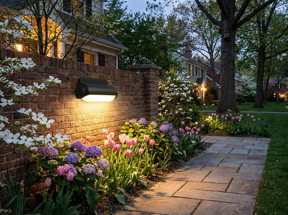 PLUSLED Modern Outdoor Wall Sconce illuminating a spring garden pathway at evening