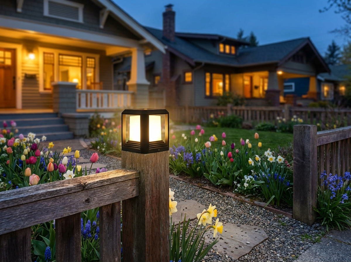 PLUSLED outdoor LED post light illuminating a garden path in spring