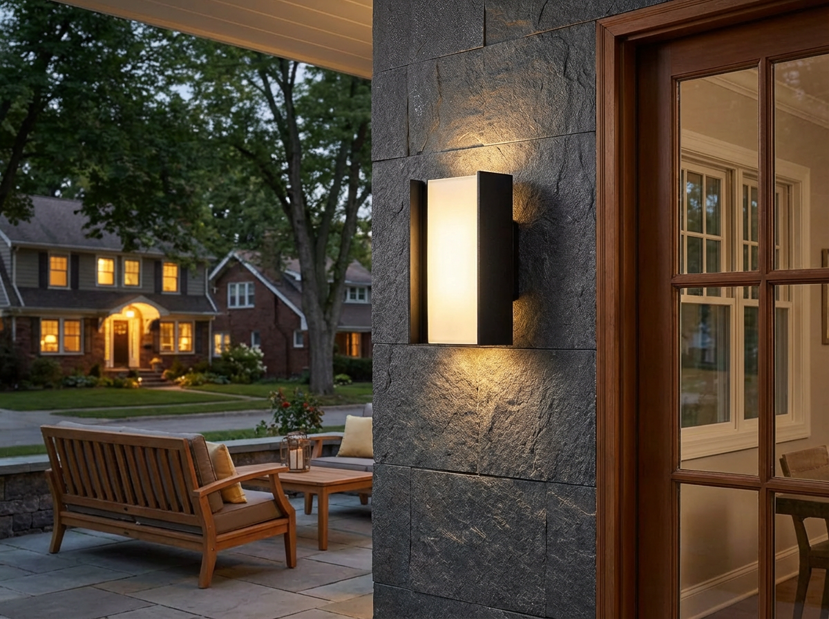 PLUSLED matte black outdoor wall sconce mounted on patio wall beside garage entrance in evening lighting