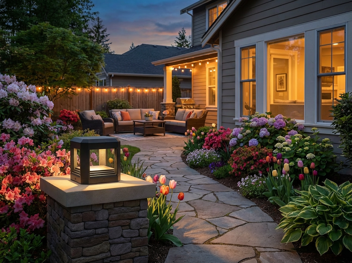 PLUSLED LED pillar post light along a spring garden path