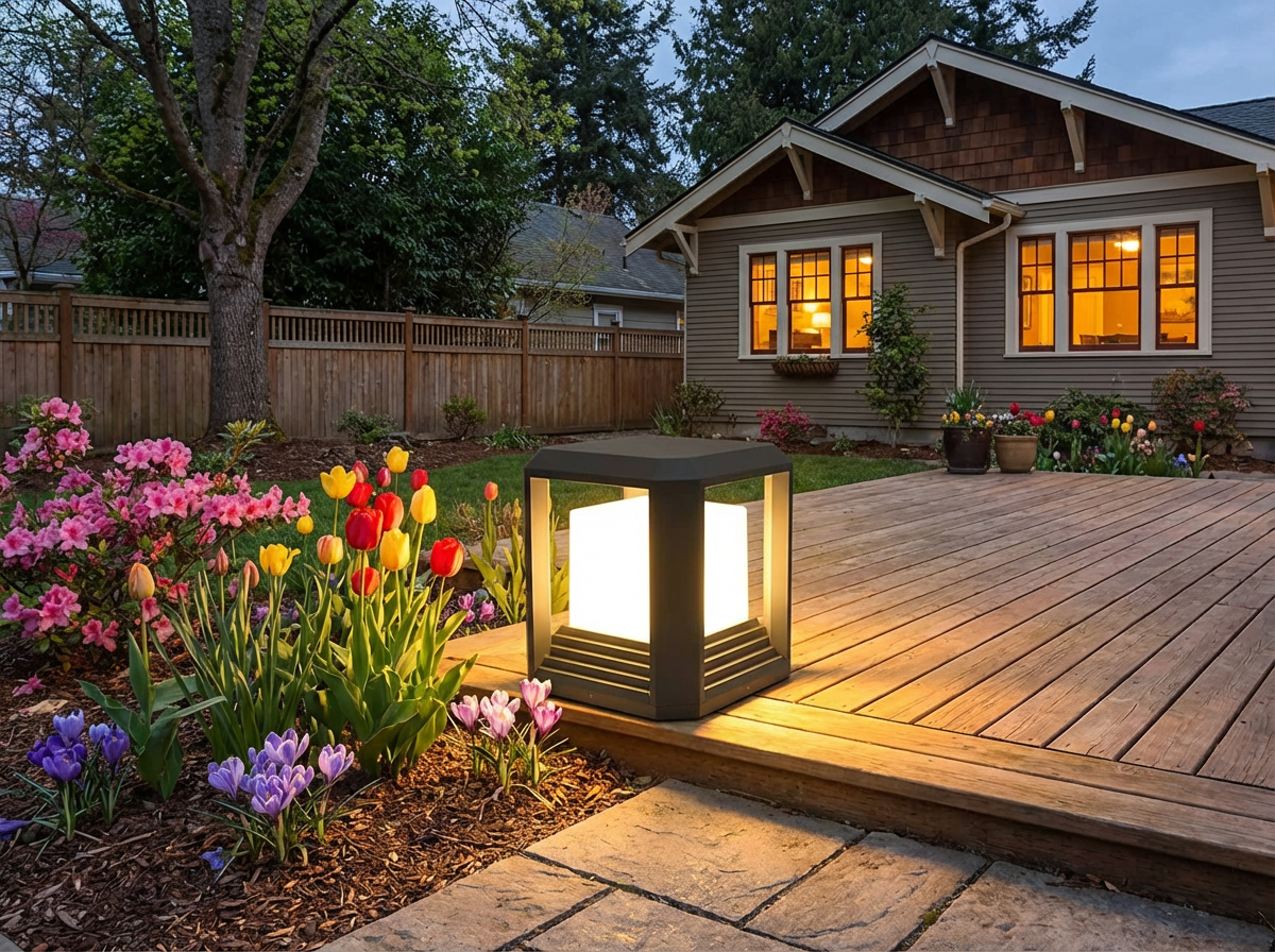 PLUSLED outdoor pillar post light at patio entrance with spring flowers
