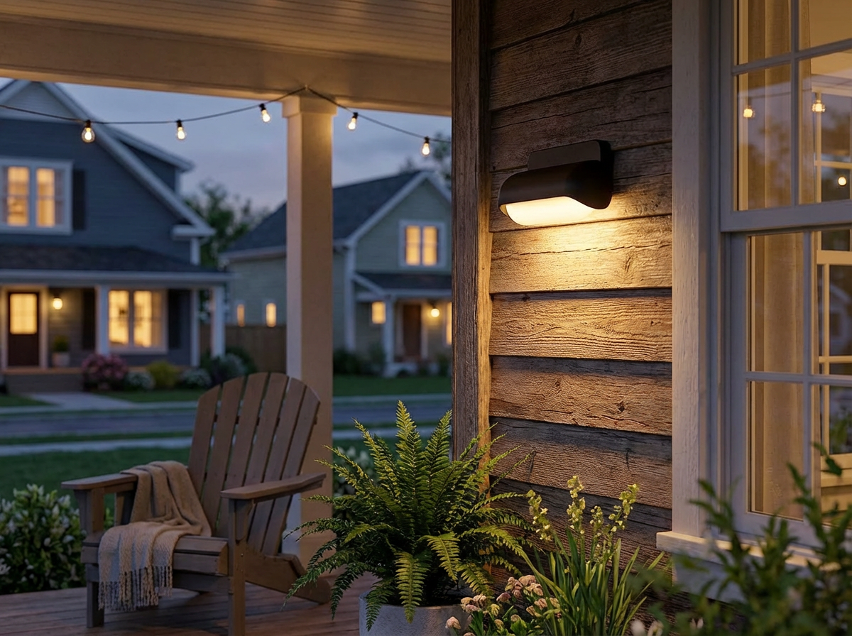 PLUSLED outdoor wall sconce illuminating a porch and patio area in the evening with spring greenery