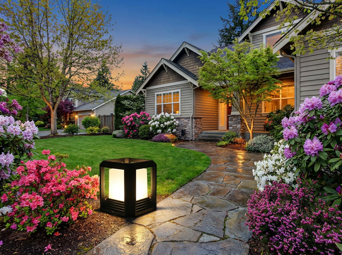 PLUSLED outdoor post light illuminating garden path with spring blooms at dusk