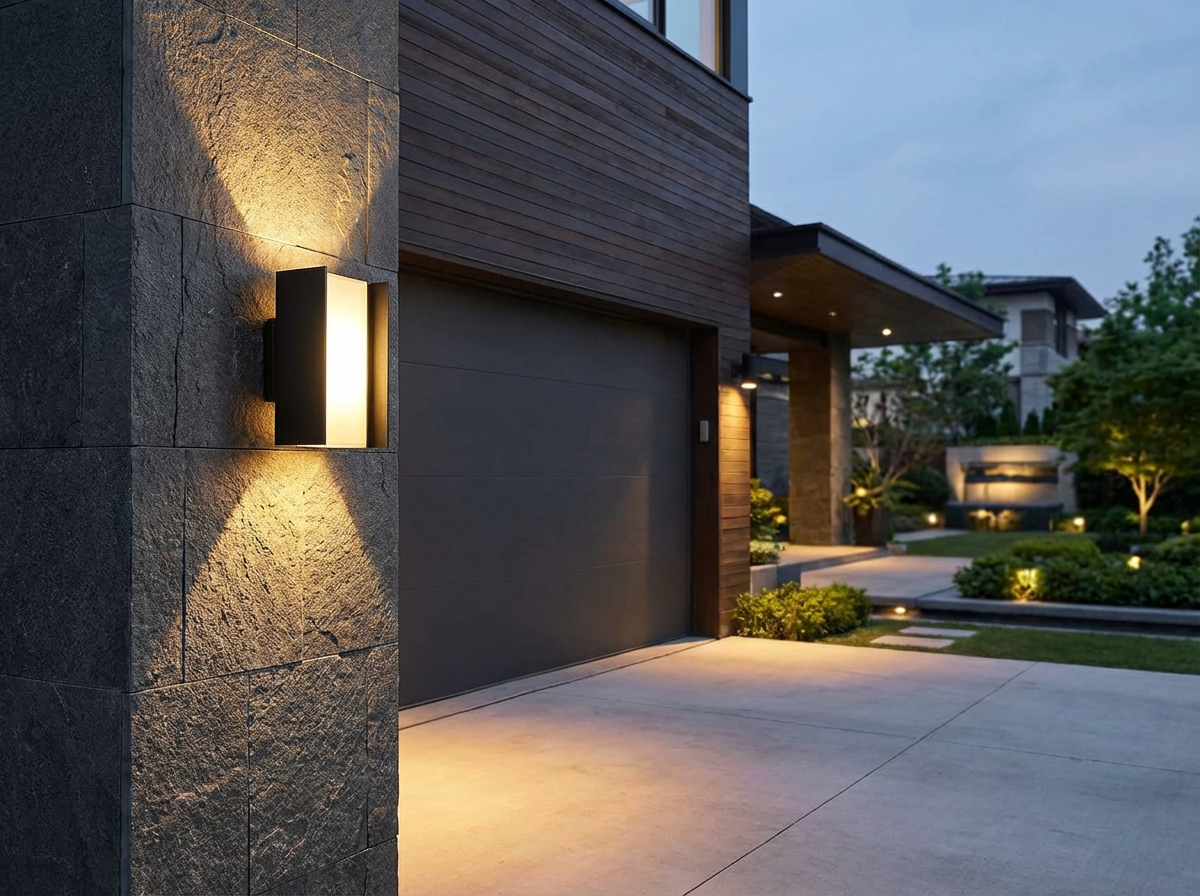 PLUSLED matte black up-down wall sconce on garage exterior wall evening ambiance