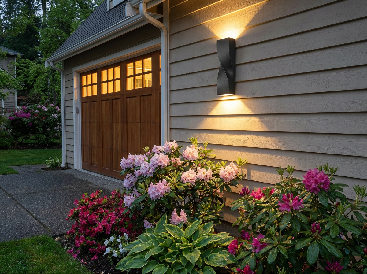PLUSLED black S-shape outdoor wall sconce garage entrance spring evening