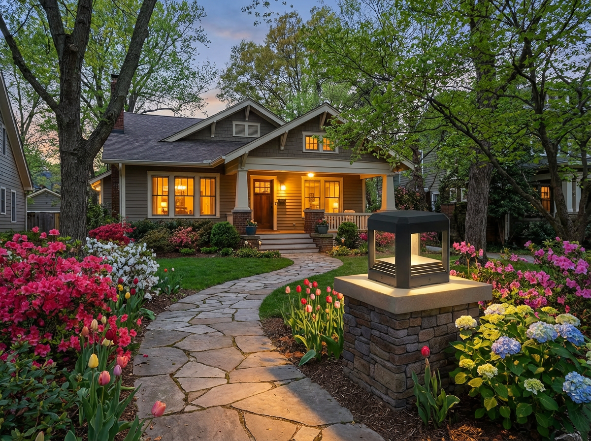 PLUSLED outdoor LED column post light beside a blooming spring garden path at evening