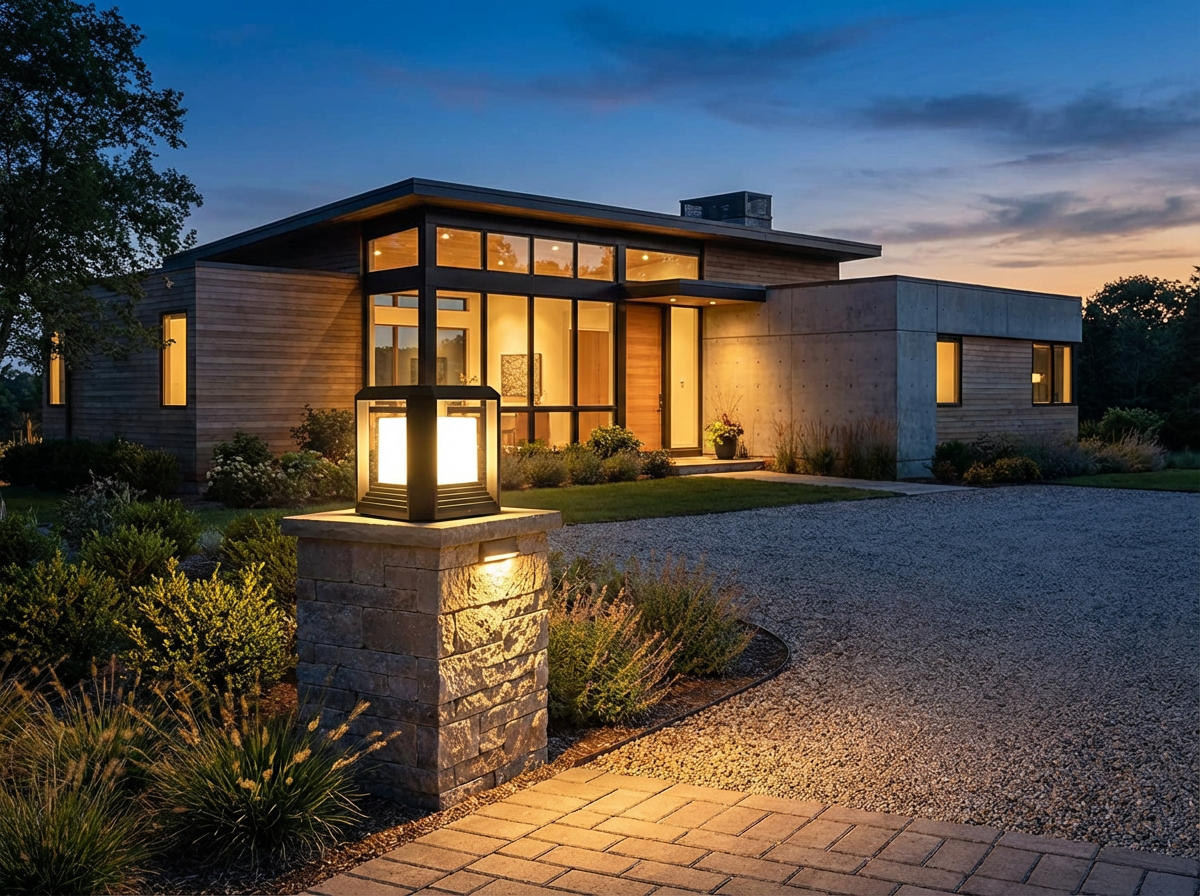 PLUSLED outdoor column post light illuminating a driveway entrance at evening