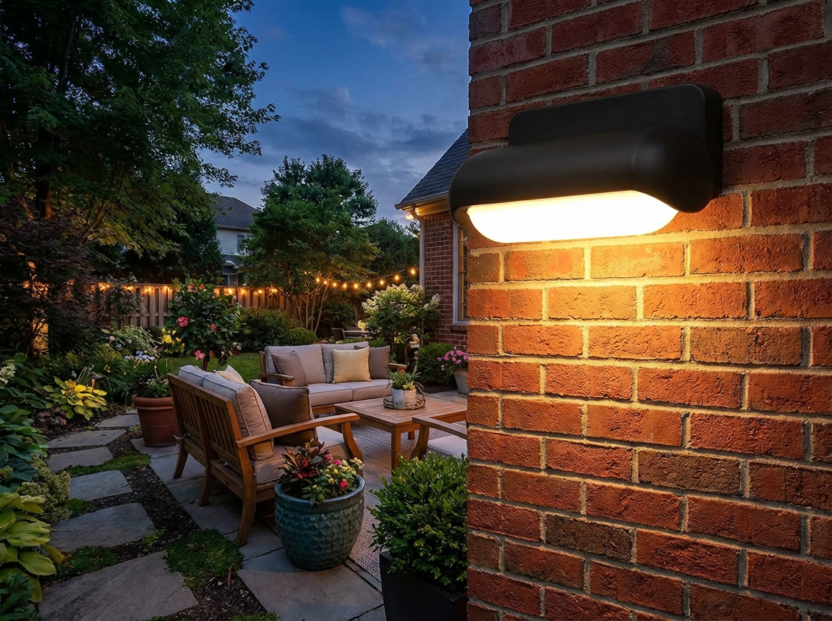 PLUSLED outdoor wall sconce illuminating a backyard patio garden area at dusk
