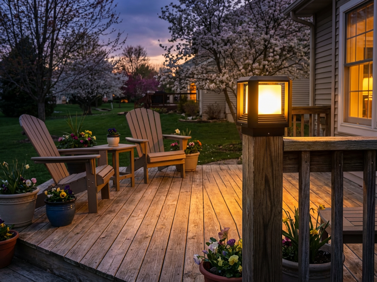PLUSLED black outdoor post light on deck patio with spring evening ambiance