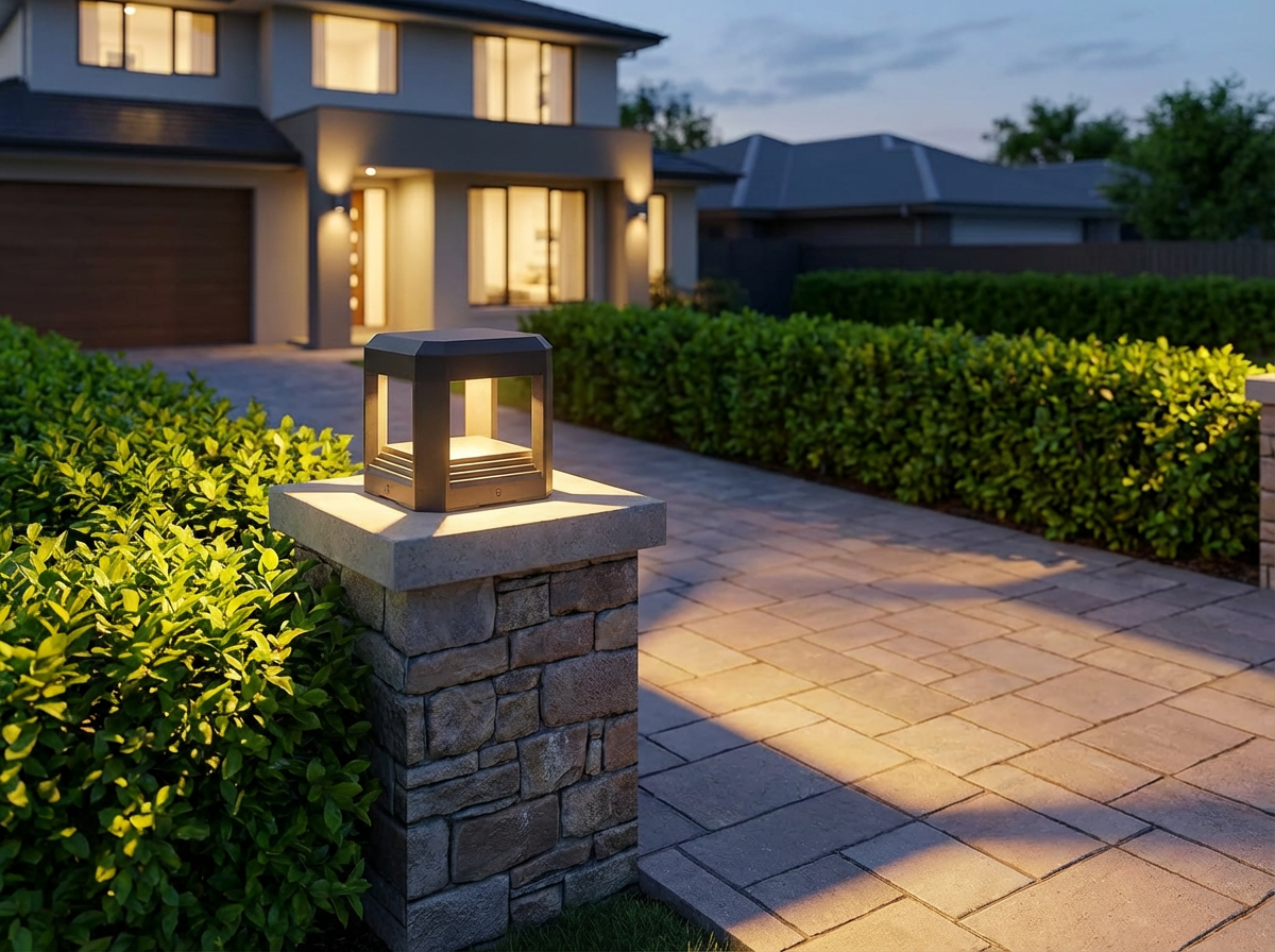 PLUSLED LED pillar post lights illuminating a residential driveway entrance in spring