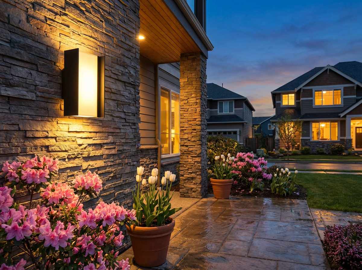PLUSLED outdoor LED wall sconce on patio exterior wall with spring flowers and warm evening ambiance