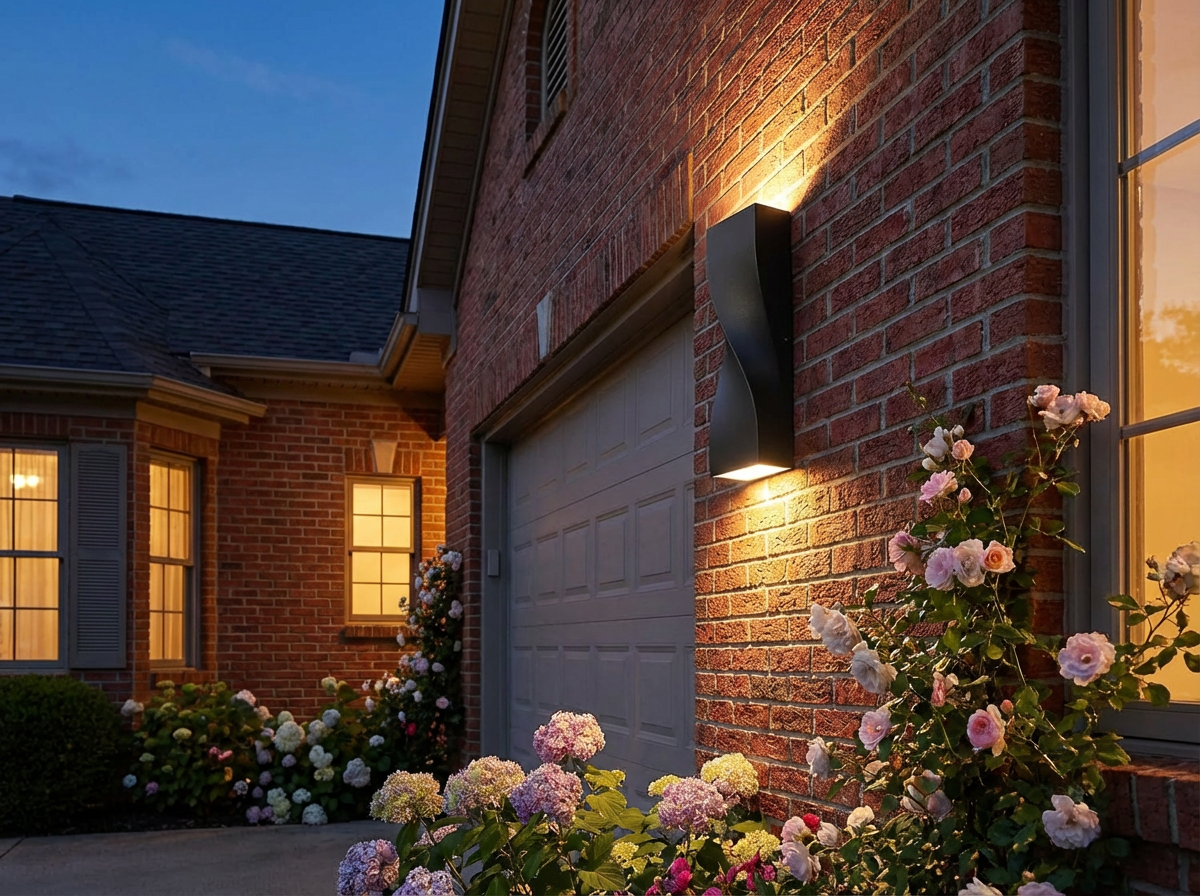 PLUSLED black S-shape outdoor wall sconce mounted on a brick garage wall with spring flowers in the foreground