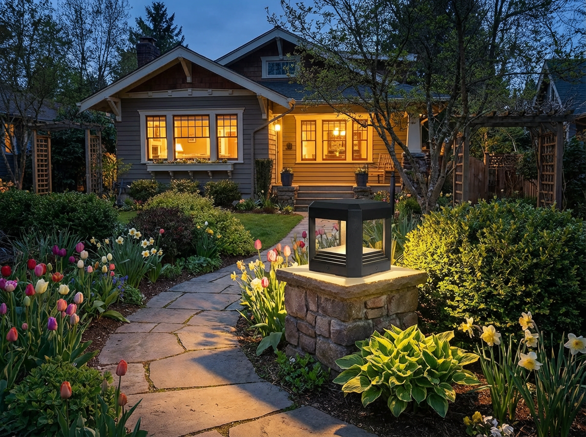 PLUSLED LED pillar post light illuminating a spring garden path with evening ambiance