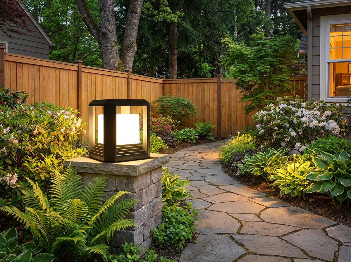 PLUSLED black column post light glowing in garden path at evening