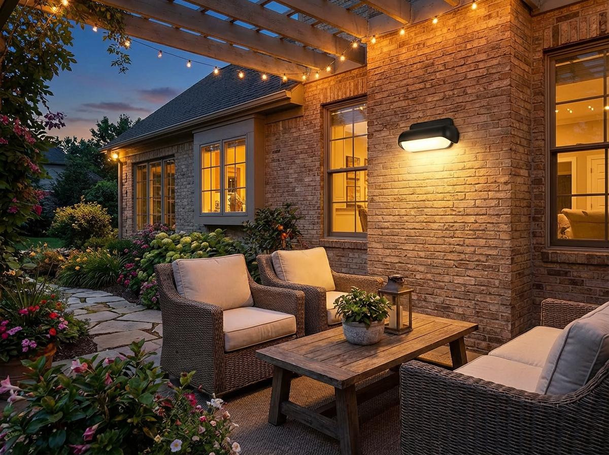 PLUSLED outdoor LED wall sconce glowing on patio wall at dusk