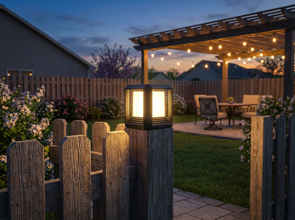 PLUSLED outdoor column post light installed at wooden fence entrance, spring evening glow