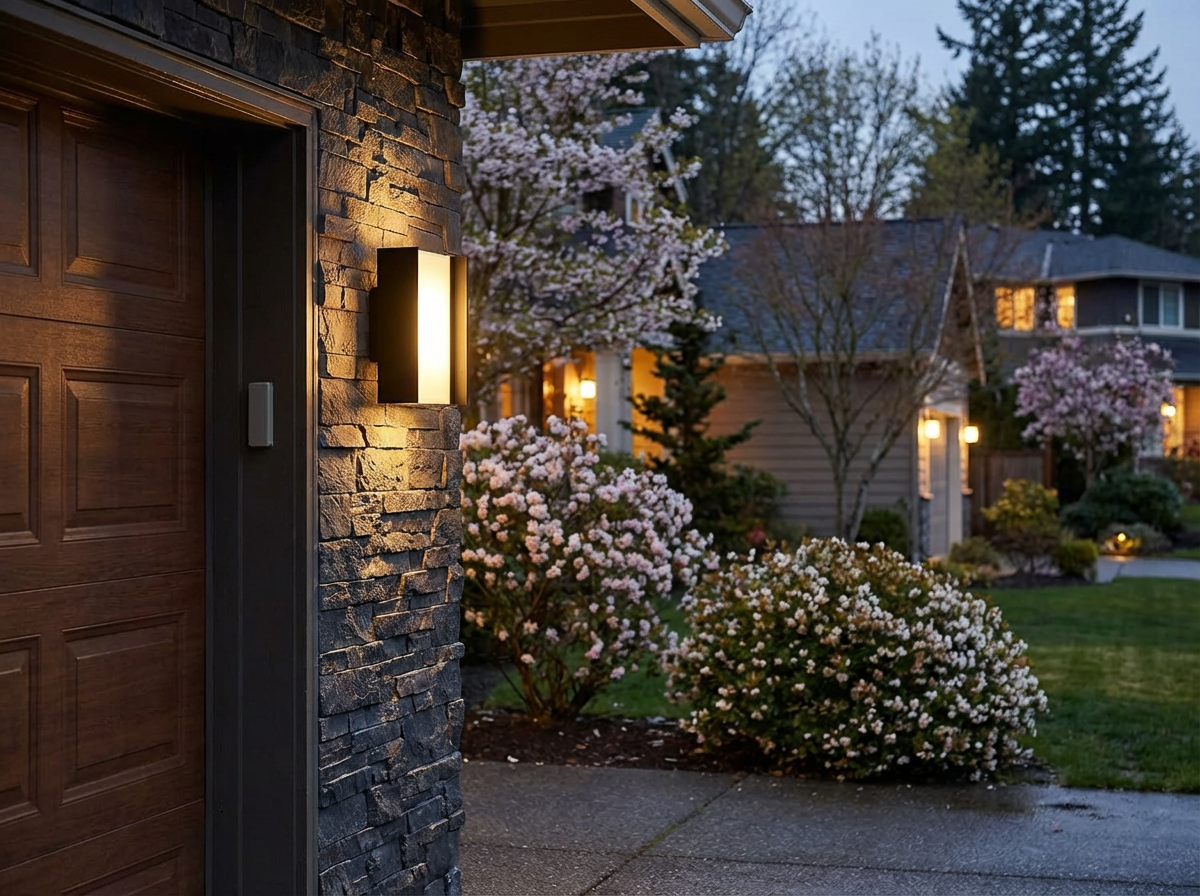 PLUSLED matte black outdoor wall sconce on porch near garage spring evening