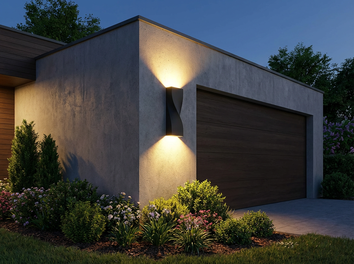 PLUSLED 15.75-inch S-shape outdoor wall sconce mounted on garage exterior wall with warm golden up-down light