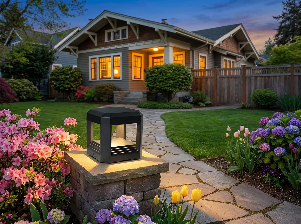 PLUSLED outdoor LED post light illuminating a spring garden path in the evening