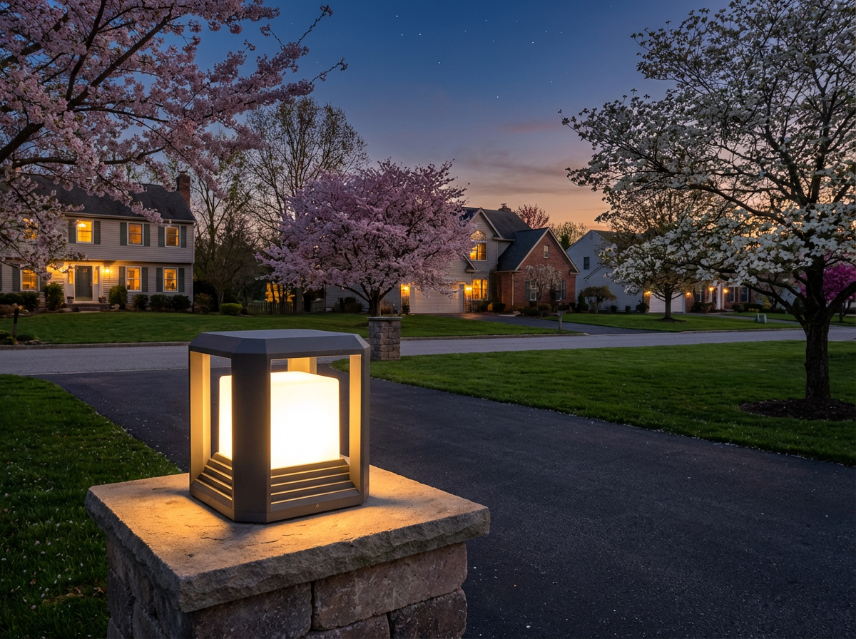 PLUSLED outdoor post light at driveway entrance in spring evening