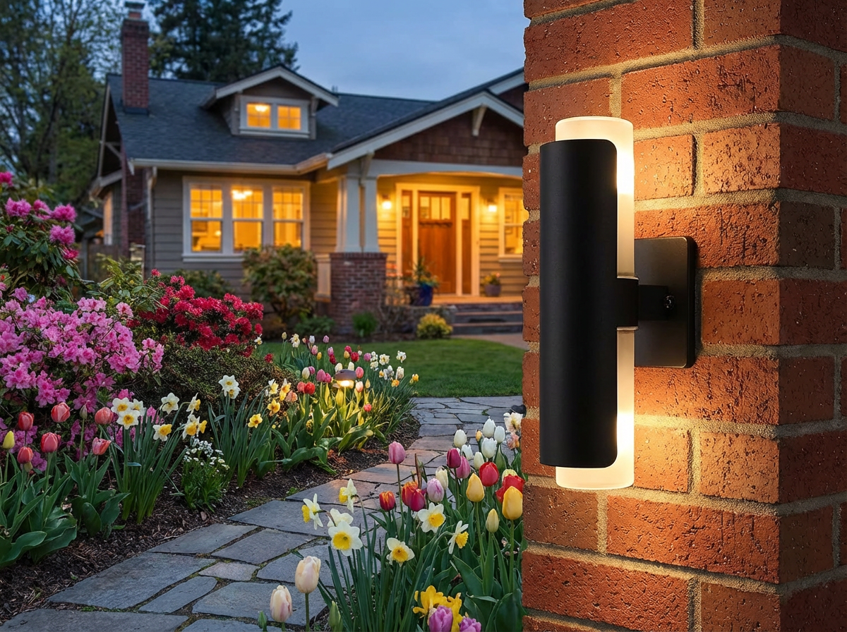 PLUSLED outdoor wall sconce mounted on garden pillar with spring flowers