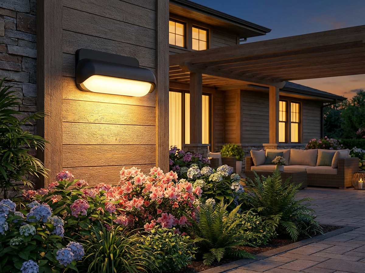 PLUSLED outdoor wall sconce glowing warmly on patio wall surrounded by spring plants