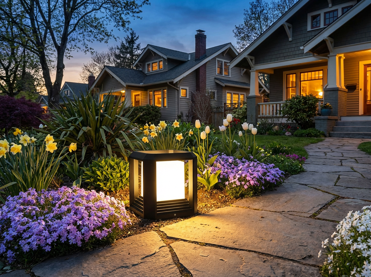 PLUSLED outdoor column post light glowing along garden path in spring evening