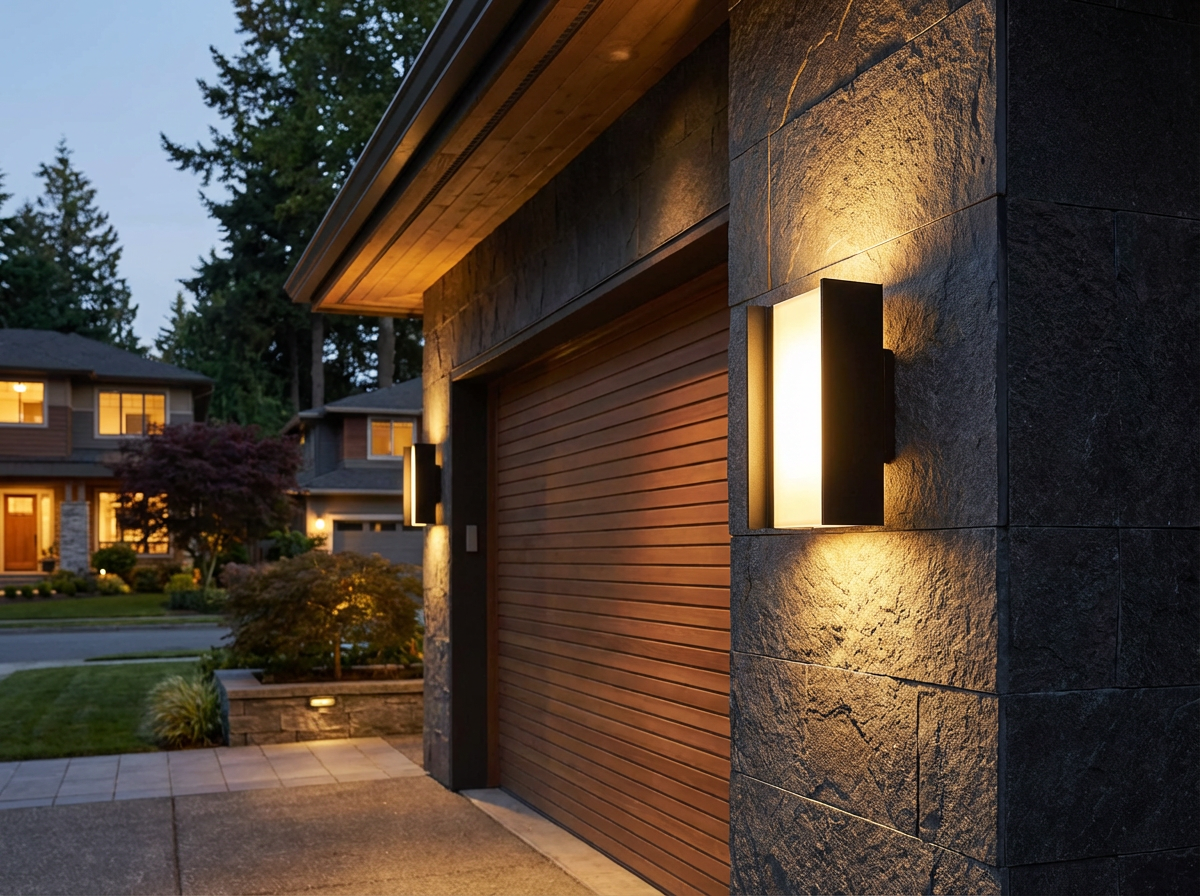PLUSLED 20W outdoor wall sconce illuminating garage exterior at evening