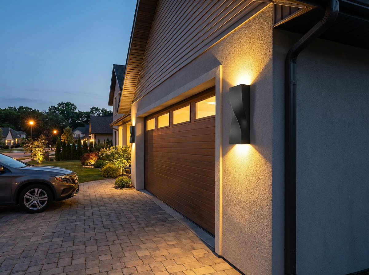 PLUSLED large outdoor wall sconce installed on American home garage wall at evening