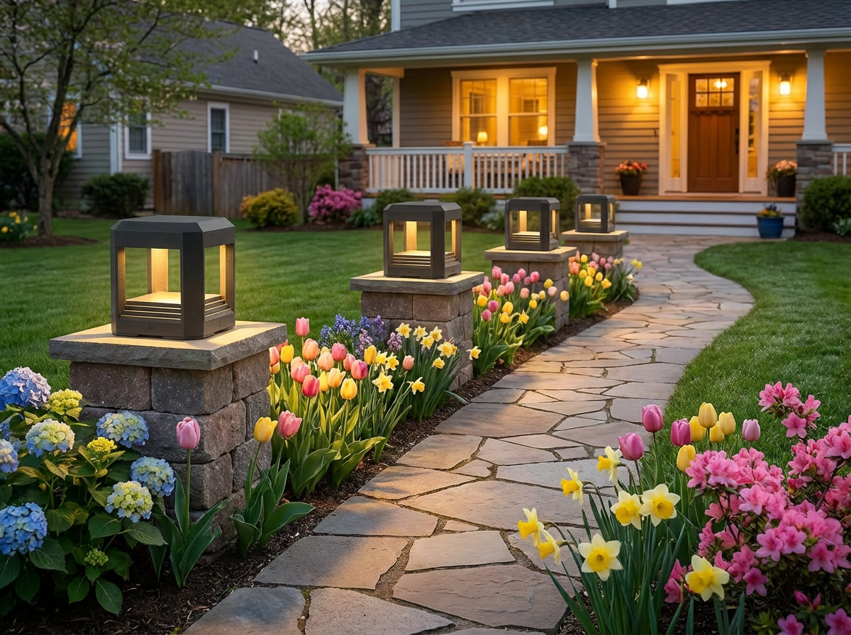 PLUSLED LED column post light along spring garden path with flowers at dusk