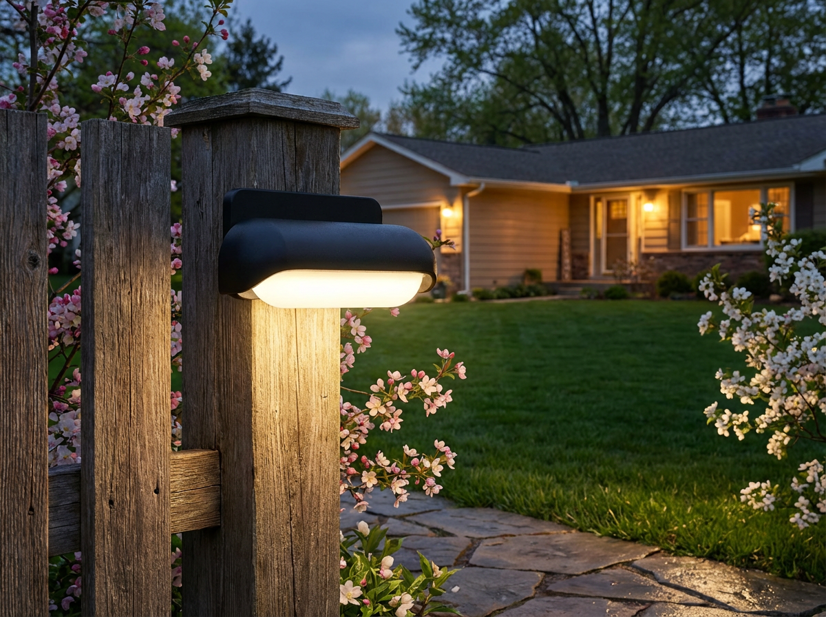 PLUSLED outdoor LED wall sconce on garden pathway fence post evening ambiance