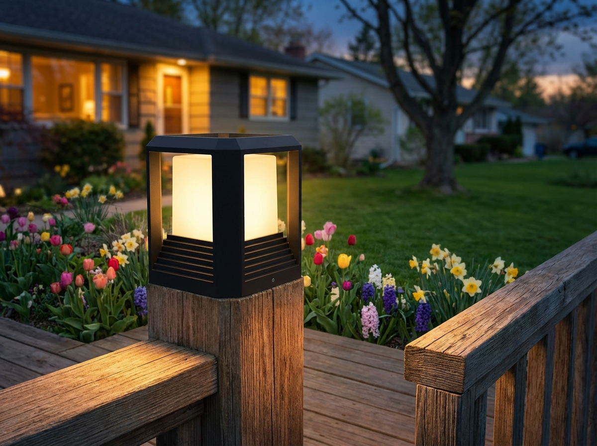 PLUSLED black outdoor column light mounted on wooden deck fence post in spring garden