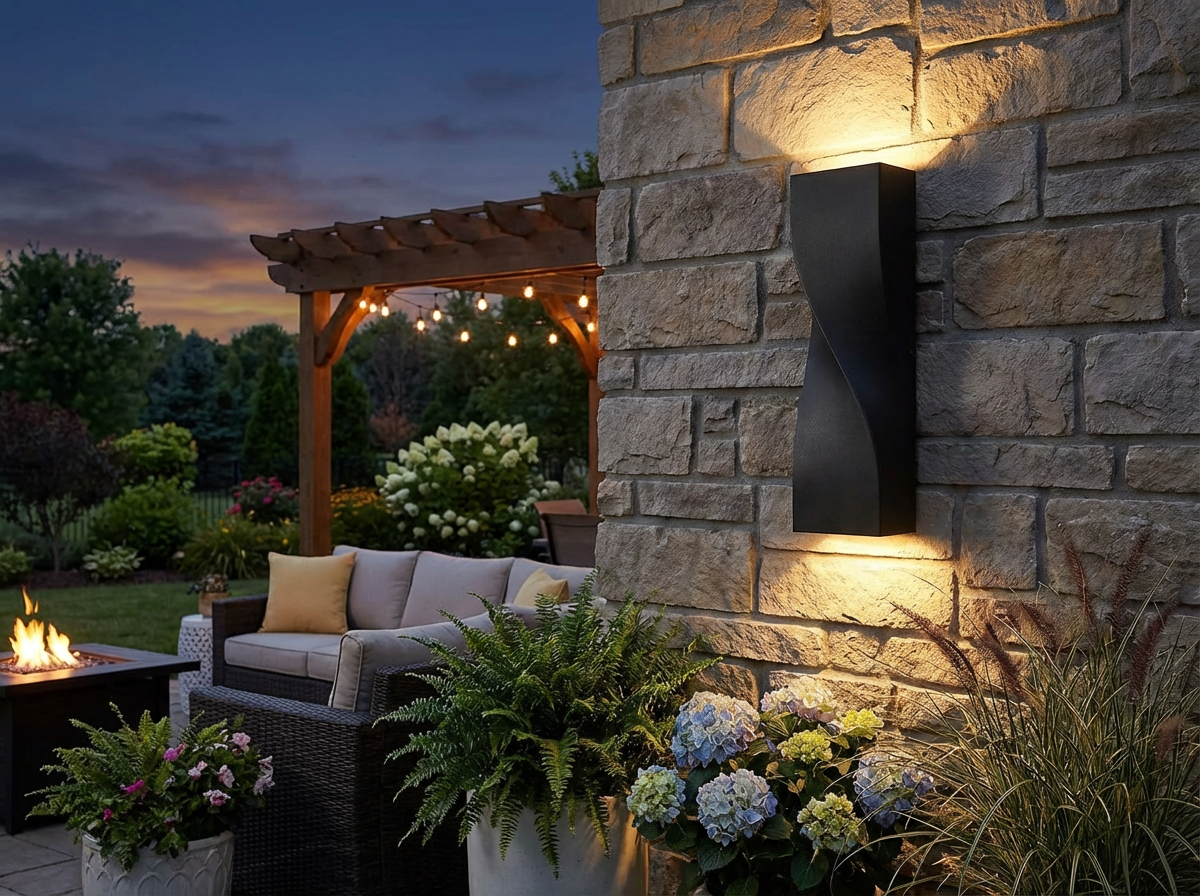 PLUSLED S-shape outdoor wall sconce illuminating patio area at dusk