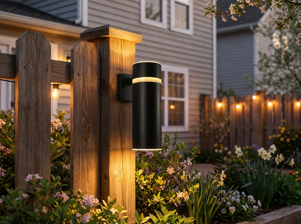 PLUSLED matte black outdoor wall sconce glowing on patio fence in spring garden setting