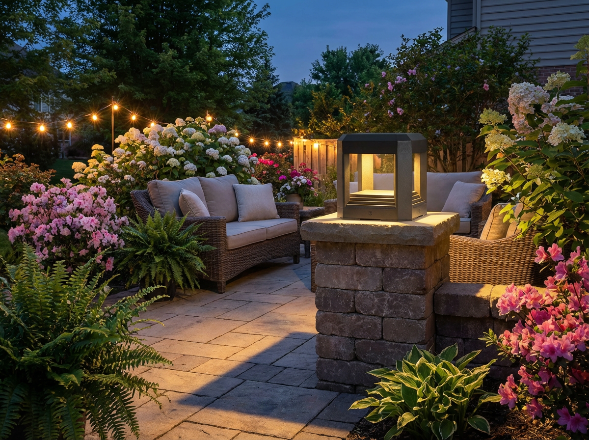 PLUSLED LED pillar light on a spring patio deck evening scene