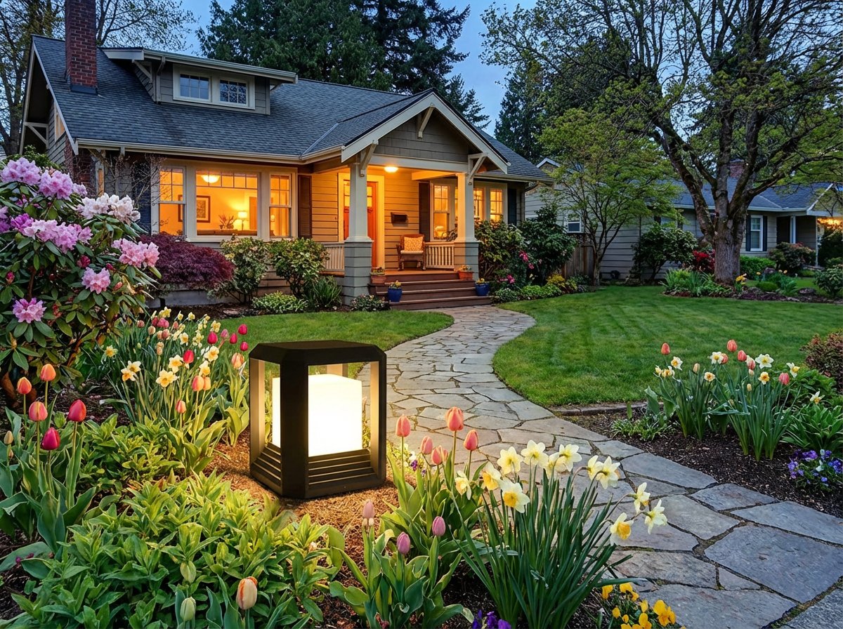 PLUSLED black outdoor post light along garden path with spring flowers in bloom