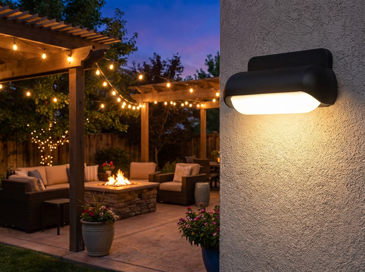 PLUSLED Modern LED Outdoor Wall Sconce on patio creating warm ambient evening atmosphere