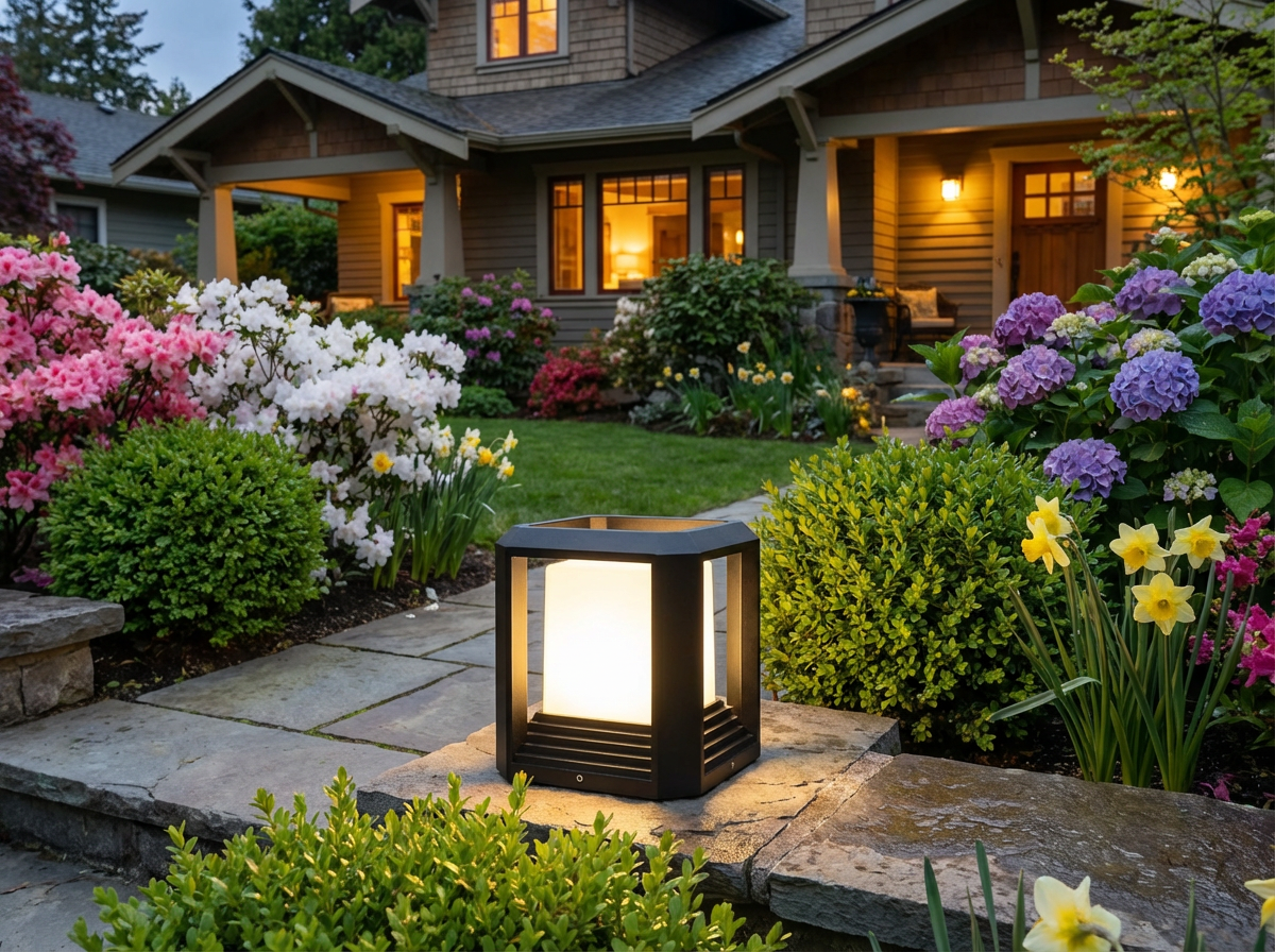 PLUSLED outdoor LED column lamp at garden path spring evening