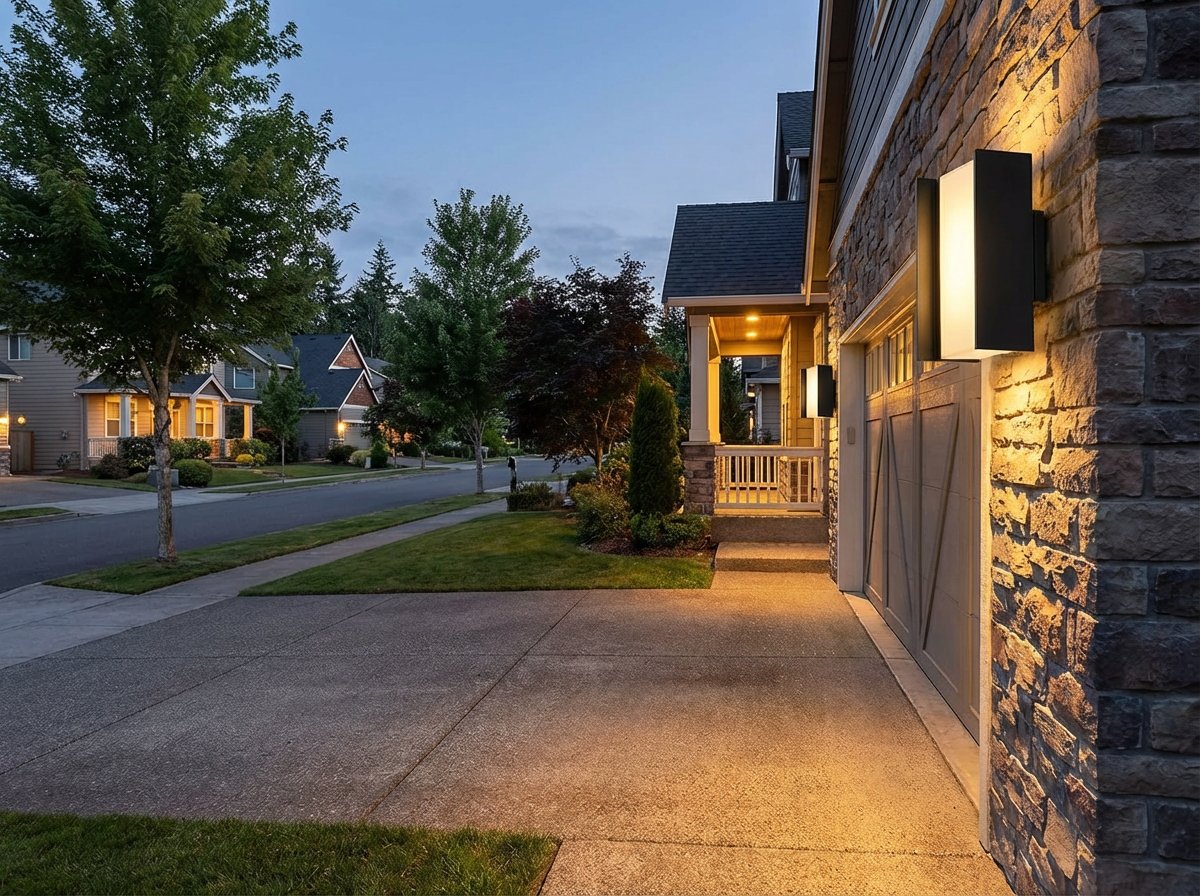 PLUSLED 20W up-down outdoor wall sconce illuminating a garage wall in the evening