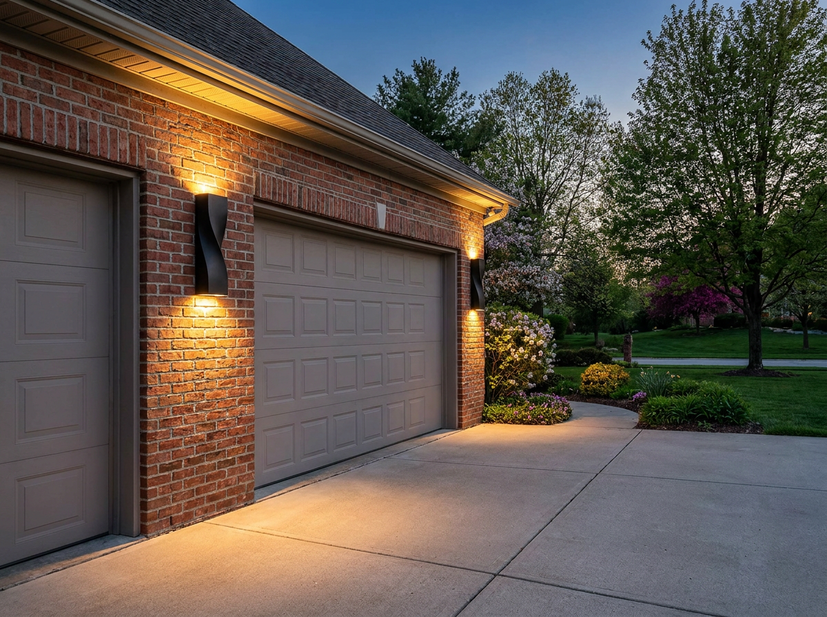 PLUSLED black S-shape outdoor wall sconce mounted on garage exterior wall with warm evening LED glow