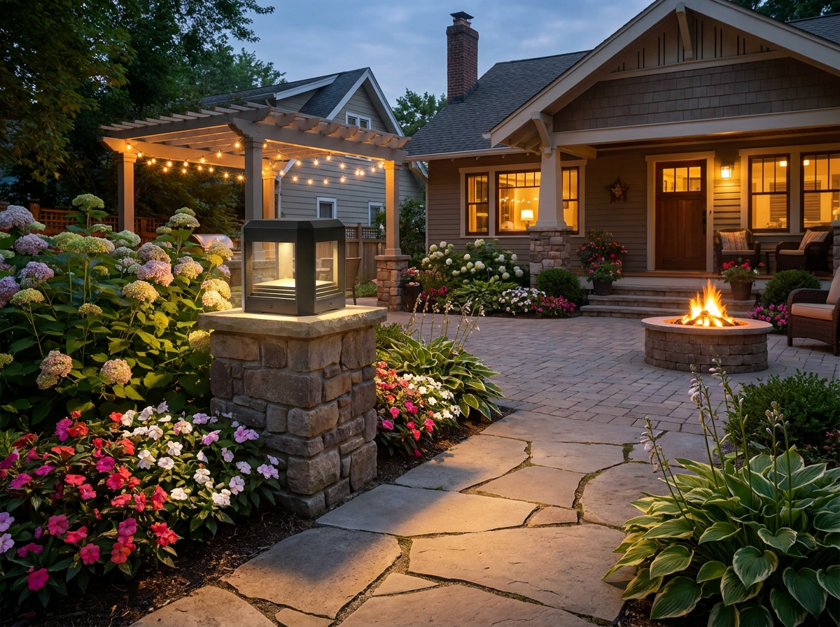 PLUSLED LED pillar light illuminating a garden path with flower beds in the evening