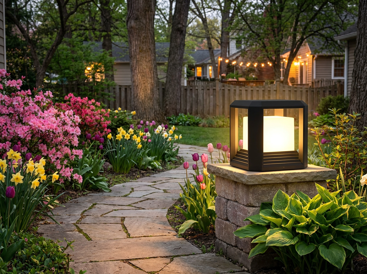PLUSLED outdoor column post light glowing along a spring garden path at evening