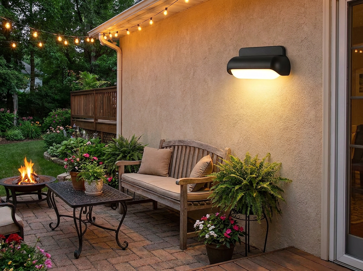 PLUSLED outdoor LED wall sconce lighting a cozy American patio at evening