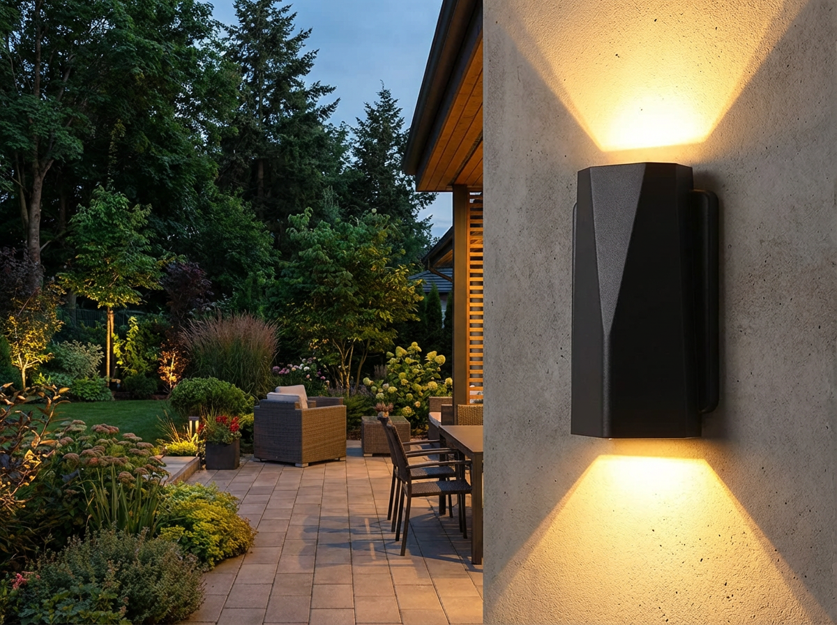 PLUSLED Up-Down LED wall sconce illuminating a patio wall with warm evening glow and garden in background
