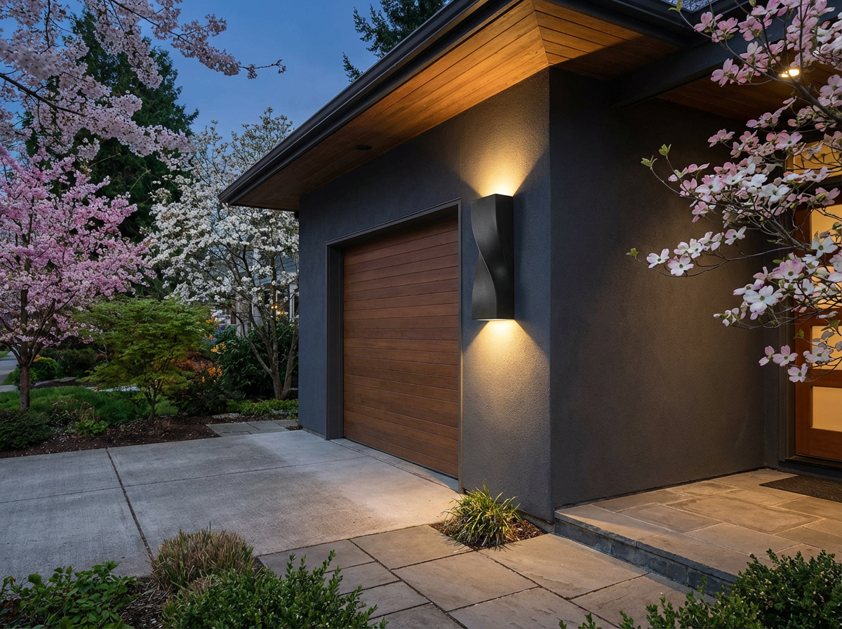 PLUSLED black S-shape outdoor wall sconce installed on garage exterior wall with spring blooming trees in background