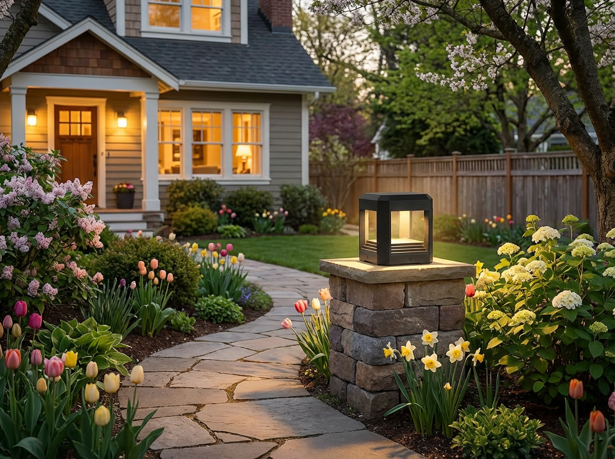 PLUSLED LED pillar post light illuminating garden path with spring flowers