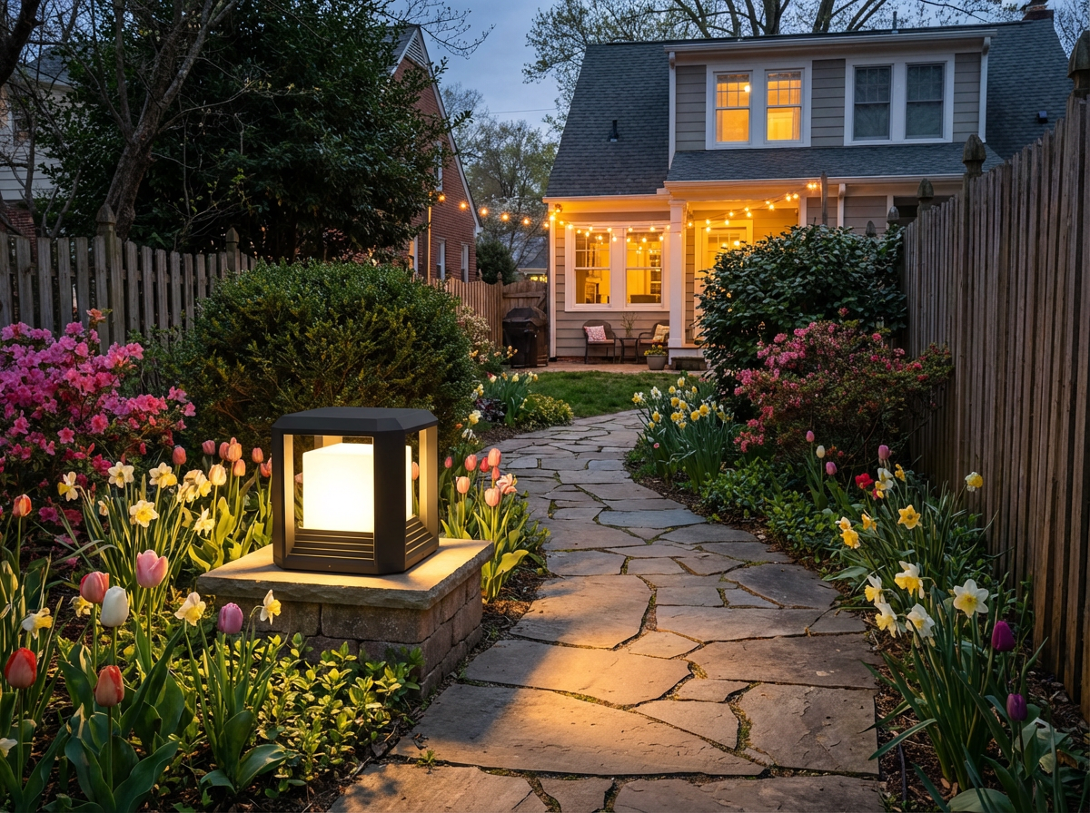 PLUSLED modern black post light along a spring garden path at dusk